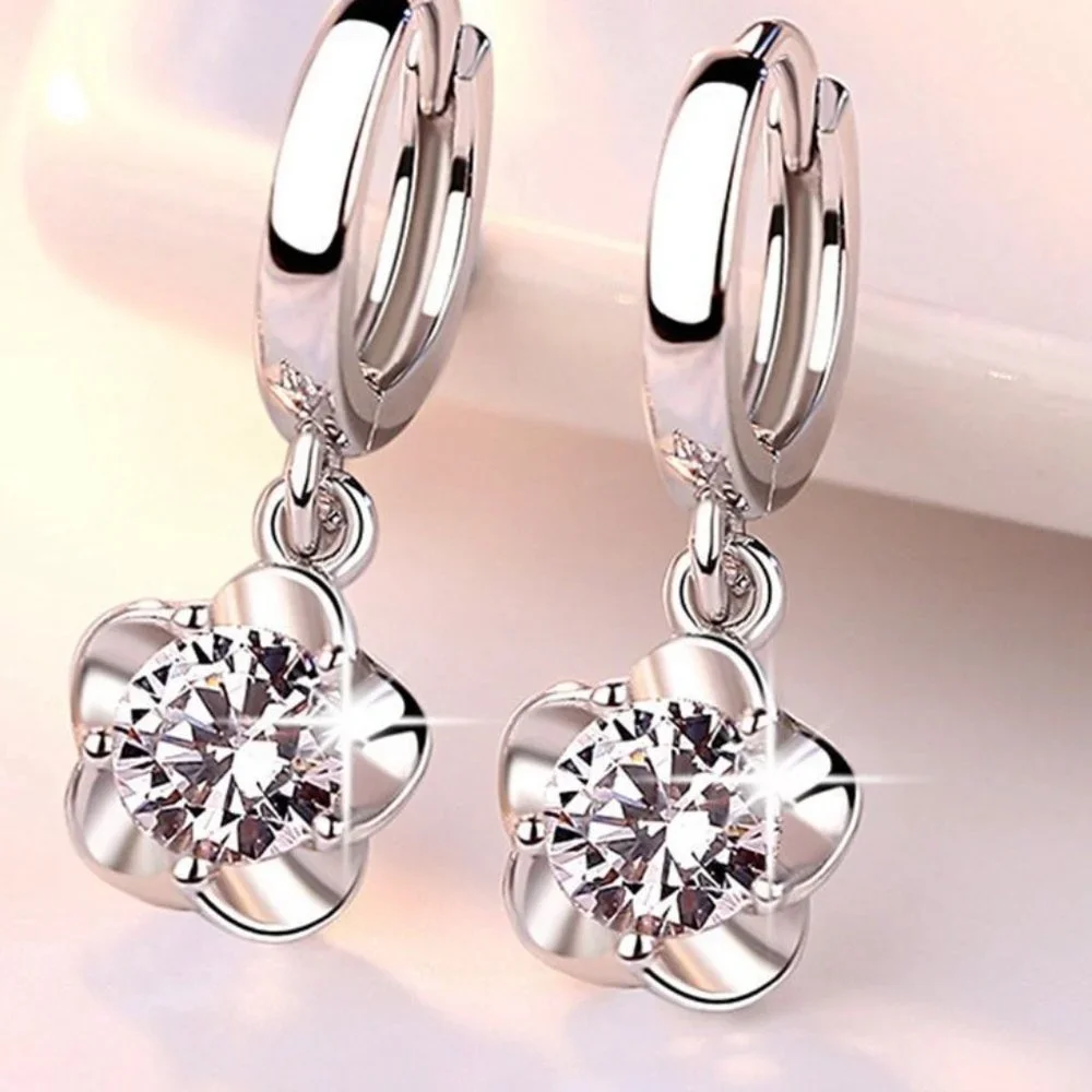 Flower Drop Necklace Earrings 925 Sterling Silver Set Gift Minimalist - Picture 2 of 4